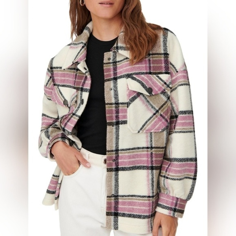 ONLY Andrea Oversized Textured Check Shacket Birch Pink Cream Black L